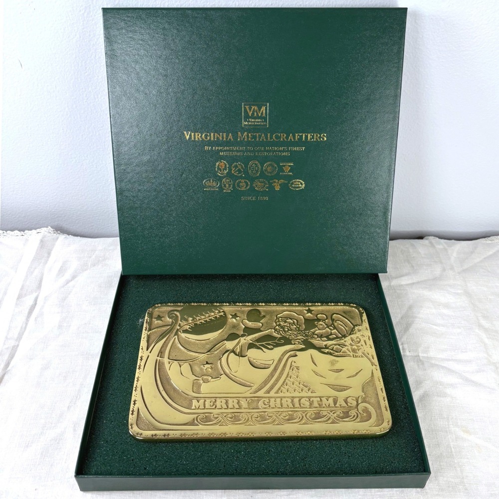 Virginia Metalcrafters 1995 First Christmas Trivet Solid Brass Santa Sleigh Box